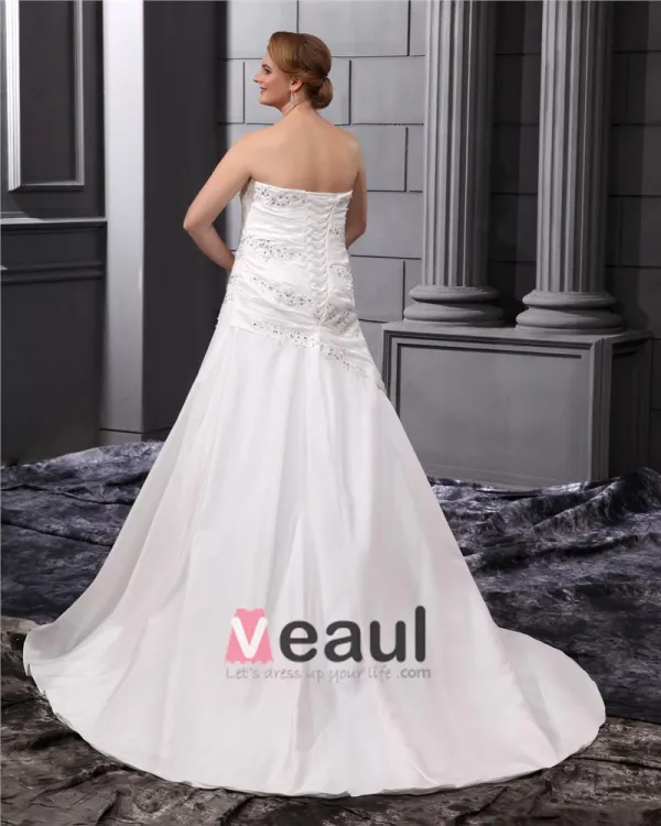 Satin Beaded Embroidery Sweep Plus Size Bridal Gown Wedding Dress