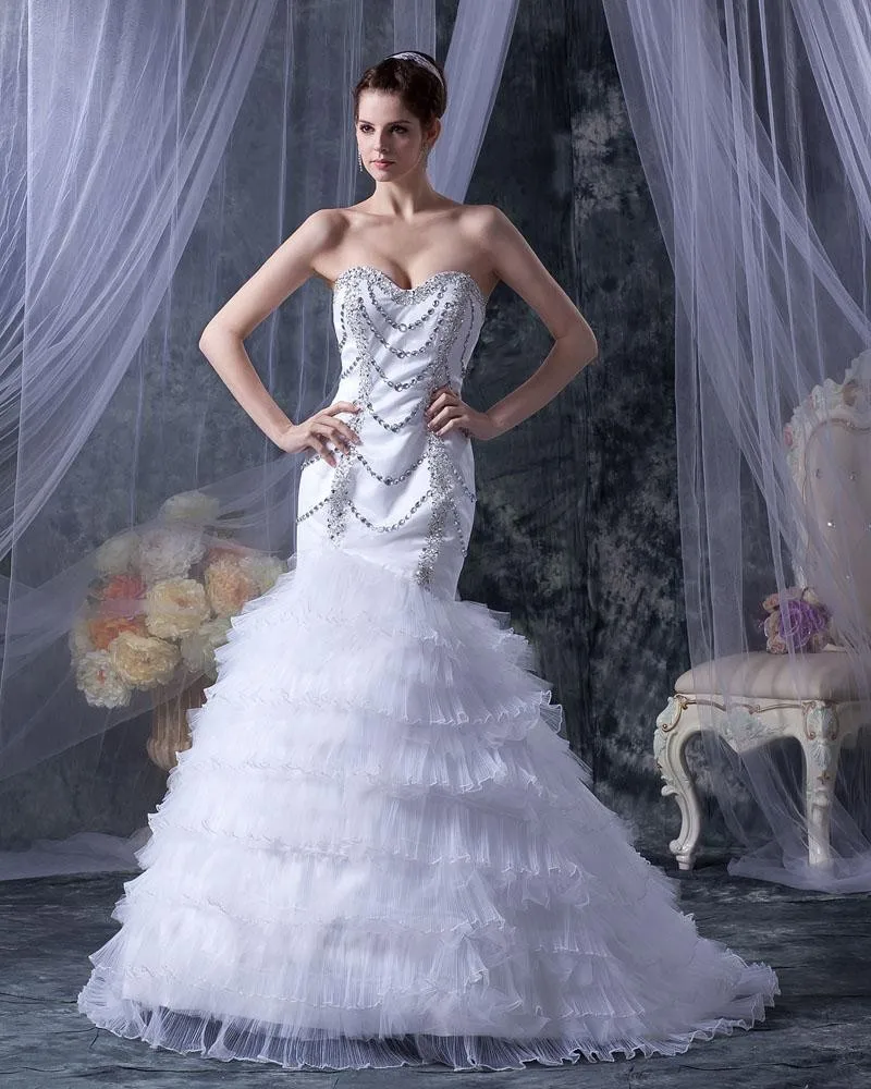 Satin Garn Beading Krusning Kjaereste Katedralen Tog Havfrue Brudekjoler Bryllupskjoler