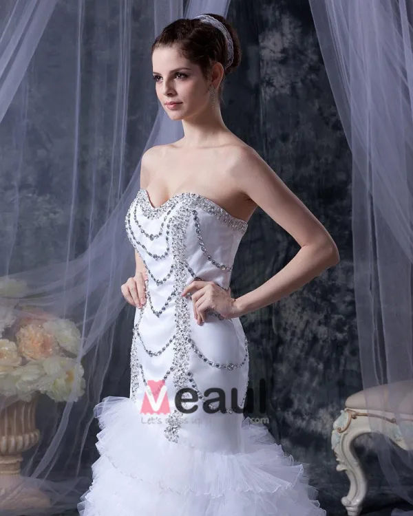 Satin Yarn Beading Ruffle Sweetheart Cathedral Train Mermaid Wedding Dresses