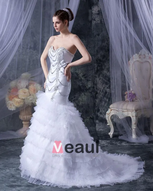 Satin Yarn Beading Ruffle Sweetheart Cathedral Train Mermaid Wedding Dresses
