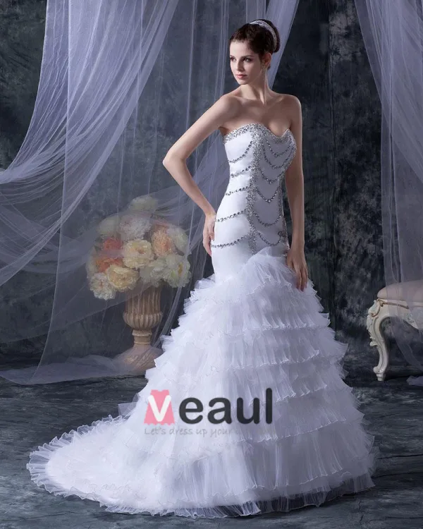 Satin Yarn Beading Ruffle Sweetheart Cathedral Train Mermaid Wedding Dresses