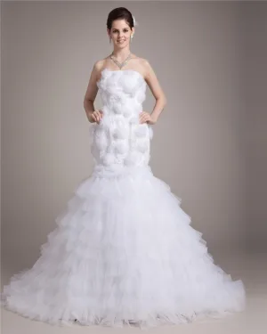 Strapless Vloer Lengte Bloem Satijn Garen Vrouwen Zeemeermin Bruidsjurken Trouwjurken