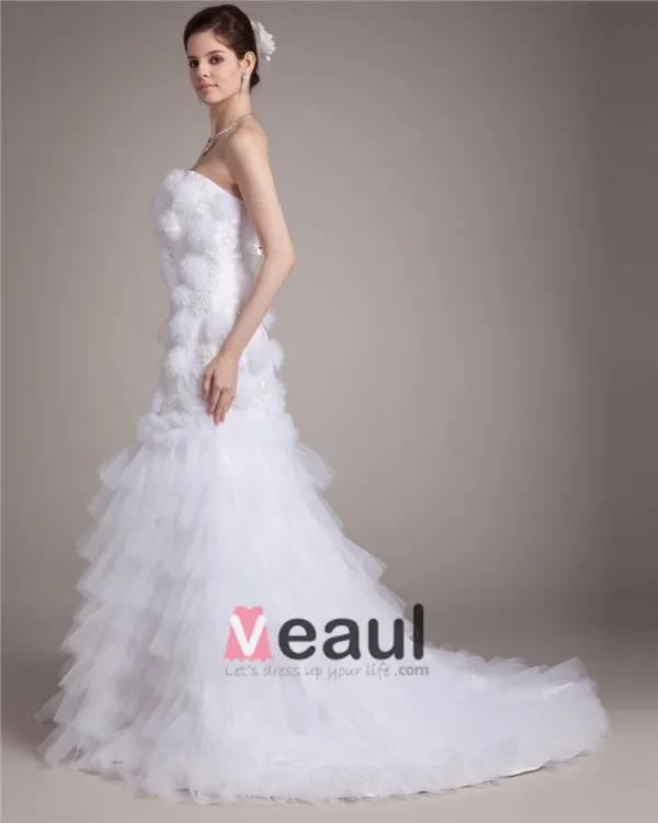 Longueur De Plancher De Satin De Fleur De Fil De Femmes De Robe De Mariée Sirène Bustier