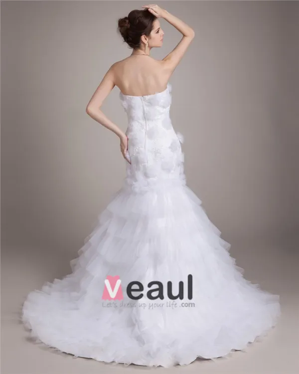 Longueur De Plancher De Satin De Fleur De Fil De Femmes De Robe De Mariée Sirène Bustier