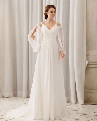 Chapel Train V Neck Floor Length Ruffles Chiffon Empire Wedding Dress