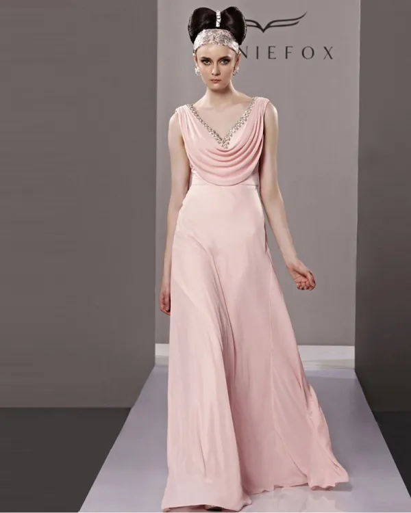 Fashion V Neck Floor Length Beading Chiffon Charmeuse Evening Dress