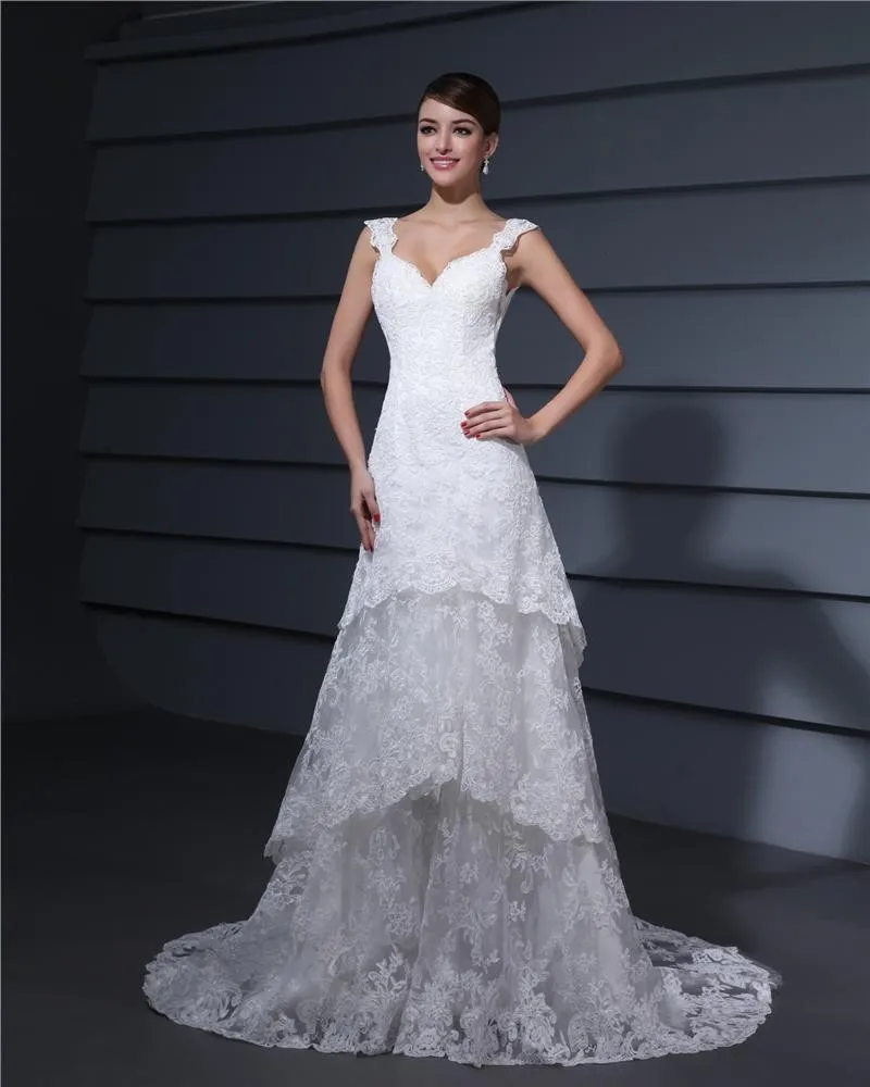 Skulder Stropper Broderi Gulv Lengde Blonder Skjede Brudekjoler Bryllupskjoler