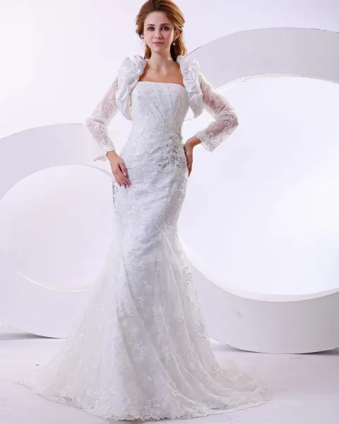 Satin Lace Beading Strapless Cathedral Train Mermaid Wedding Dresses