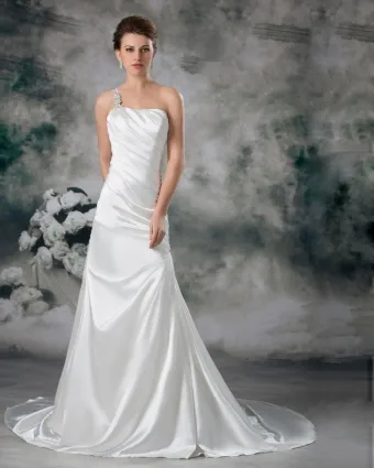 Satin Sequins One Shoulder Ruffle Court Train Sheath Wedding Dress