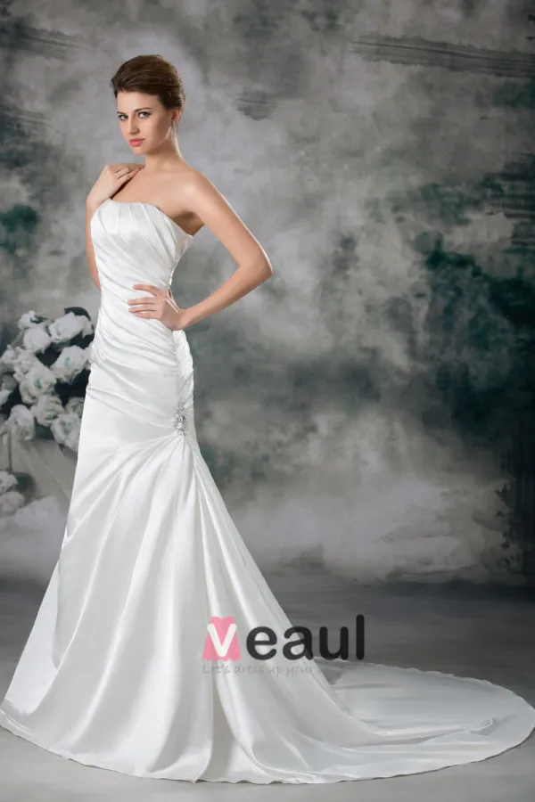 Satin Sequins One Shoulder Ruffle Court Train Sheath Wedding Dress