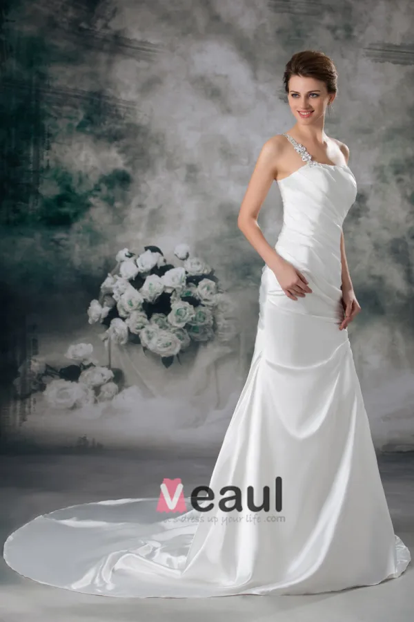 Satin Sequins One Shoulder Ruffle Court Train Sheath Wedding Dress