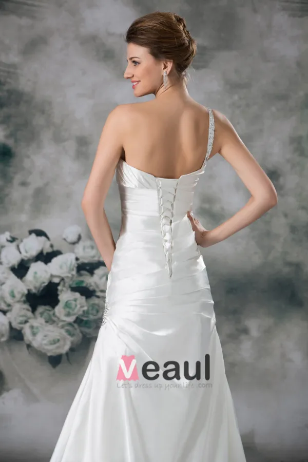 Satin Sequins One Shoulder Ruffle Court Train Sheath Wedding Dress