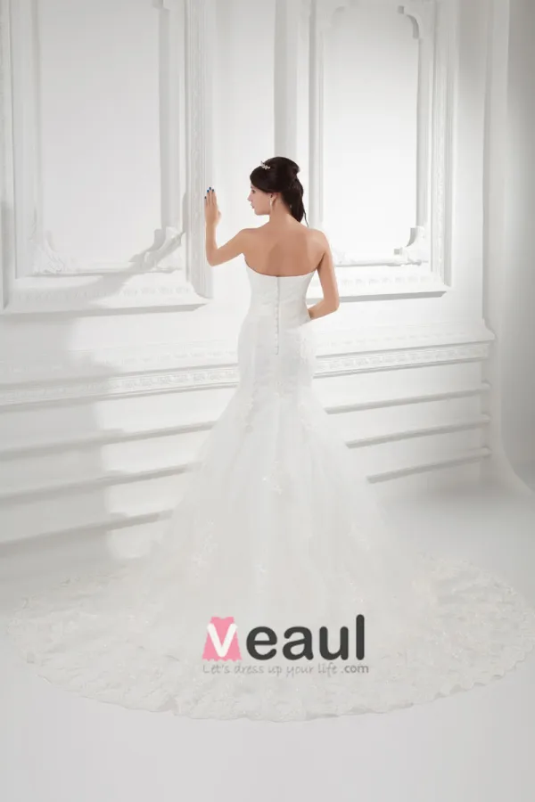 Applique De Tulle Perlage Noeud Bretelles Les Trains Tribunal Robe De Mariée Sirène
