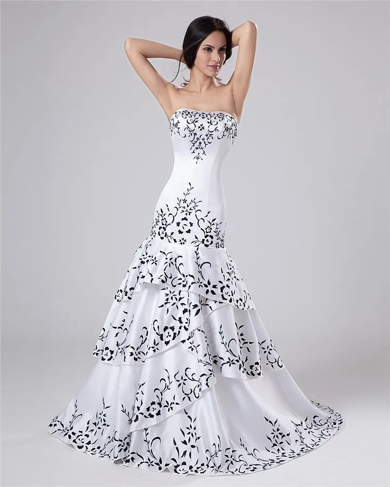 Satin Beading Ruffles Kjaereste Katedralen Tog Skjede Brudekjoler Bryllupskjoler