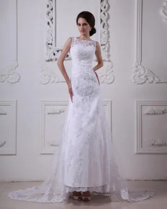 Satin Dentelle Autour Du Cou Balayage Sirène Robe De Mariée De Mariage De Robe