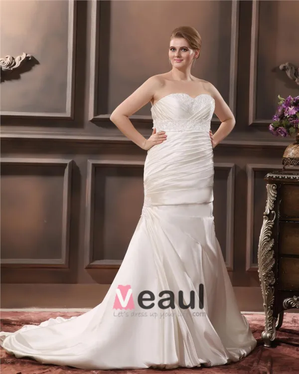 Satin Sweetheart Applique Beading Sheath Sweep Plus Size Wedding Dresses