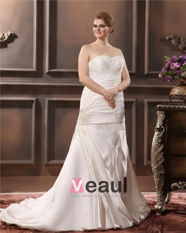 Satin Sweetheart Applique Beading Sheath Sweep Plus Size Wedding Dresses