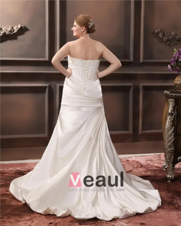 Satin Sweetheart Applique Beading Sheath Sweep Plus Size Wedding Dresses