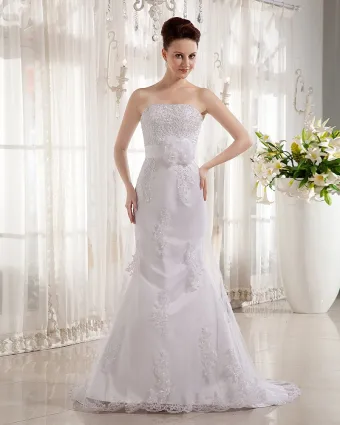 Satin Beading Applique Strapless Chapel Train Sheath Wedding Dresses