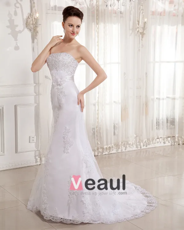Satin Perles Appliques Bretelles Train Chapelle Robes De Mariée De La Gaine