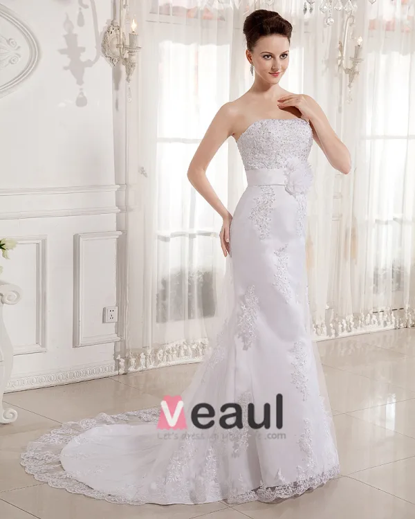 Satin Perles Appliques Bretelles Train Chapelle Robes De Mariée De La Gaine