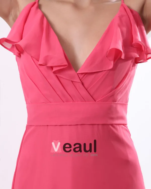 Chiffon Plooi V-hals Vloer Lengte Bruidsmeisjekleding