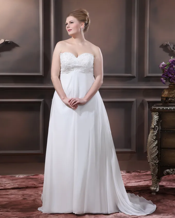 Satin Chiffon Applikasjon Kjaereste Domstol Pluss Storrelsen Brudekjoler Bryllupskjoler