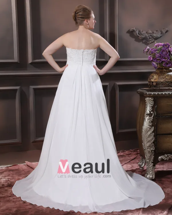 Satin Chiffon Applique Sweetheart Court Plus Size Bridal Gown Wedding Dresses
