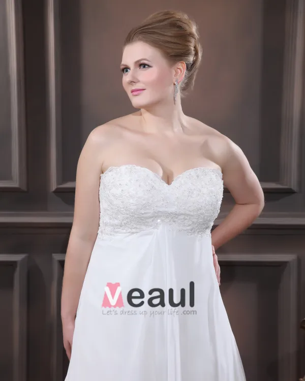Satin Chiffon Applique Sweetheart Court Plus Size Bridal Gown Wedding Dresses