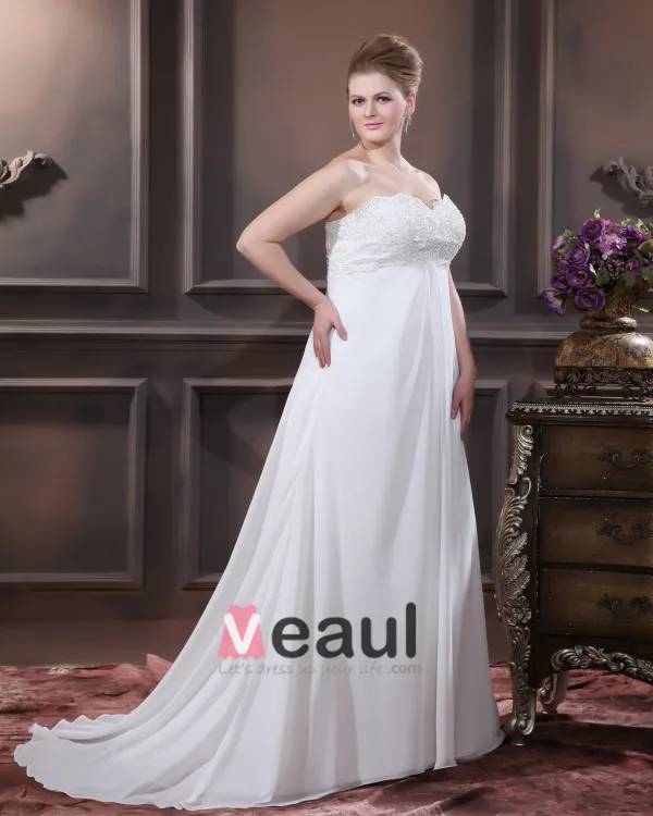 Satin Chiffon Applique Sweetheart Court Plus Size Bridal Gown Wedding Dresses