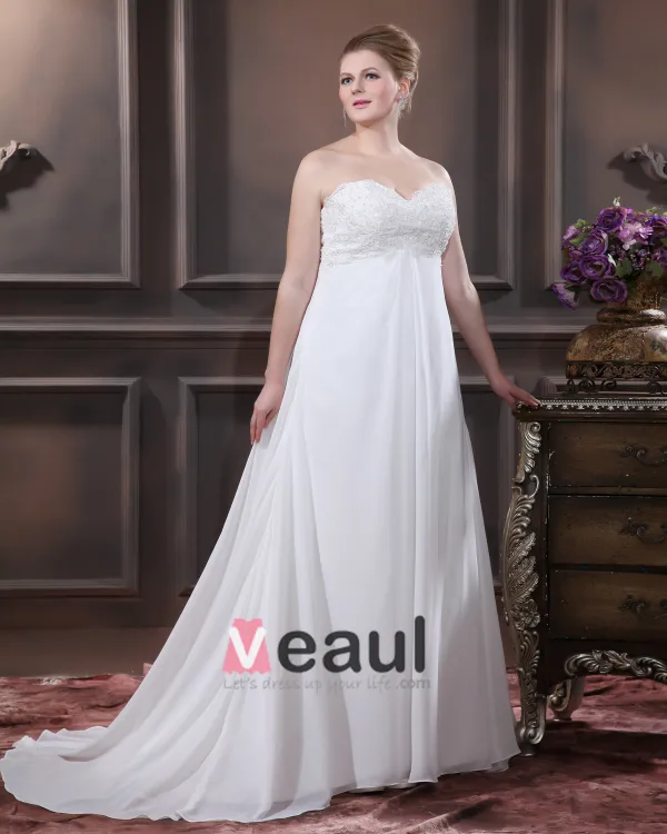 Satin Chiffon Applique Sweetheart Court Plus Size Bridal Gown Wedding Dresses