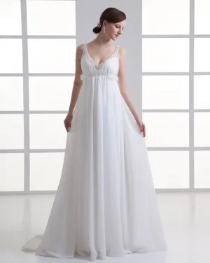 Chiffon Kralen Ruche V Hals Vloer Lengte Geplooide Rijk Bruidsjurken Trouwjurken