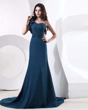 Satin Hand Blumen Falte One Shoulder Ärmellose Brautjungfernkleider