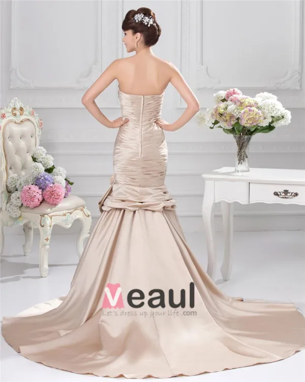 Sweetheart Pleated Floor Length Bowknot Satin Sheath Wedding Dress