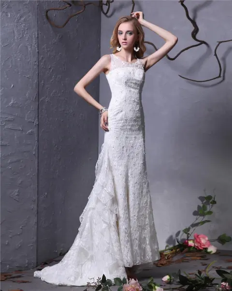 Jewel Bead Floor Length Lace Sheath Wedding Dress