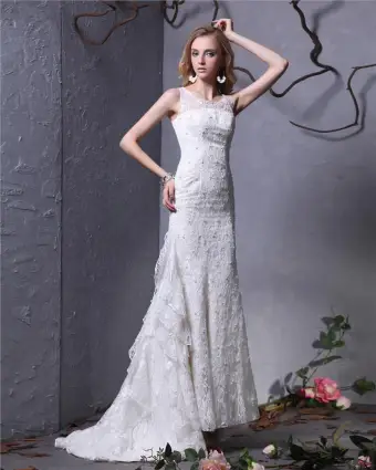 Jewel Bead Floor Length Lace Sheath Wedding Dress