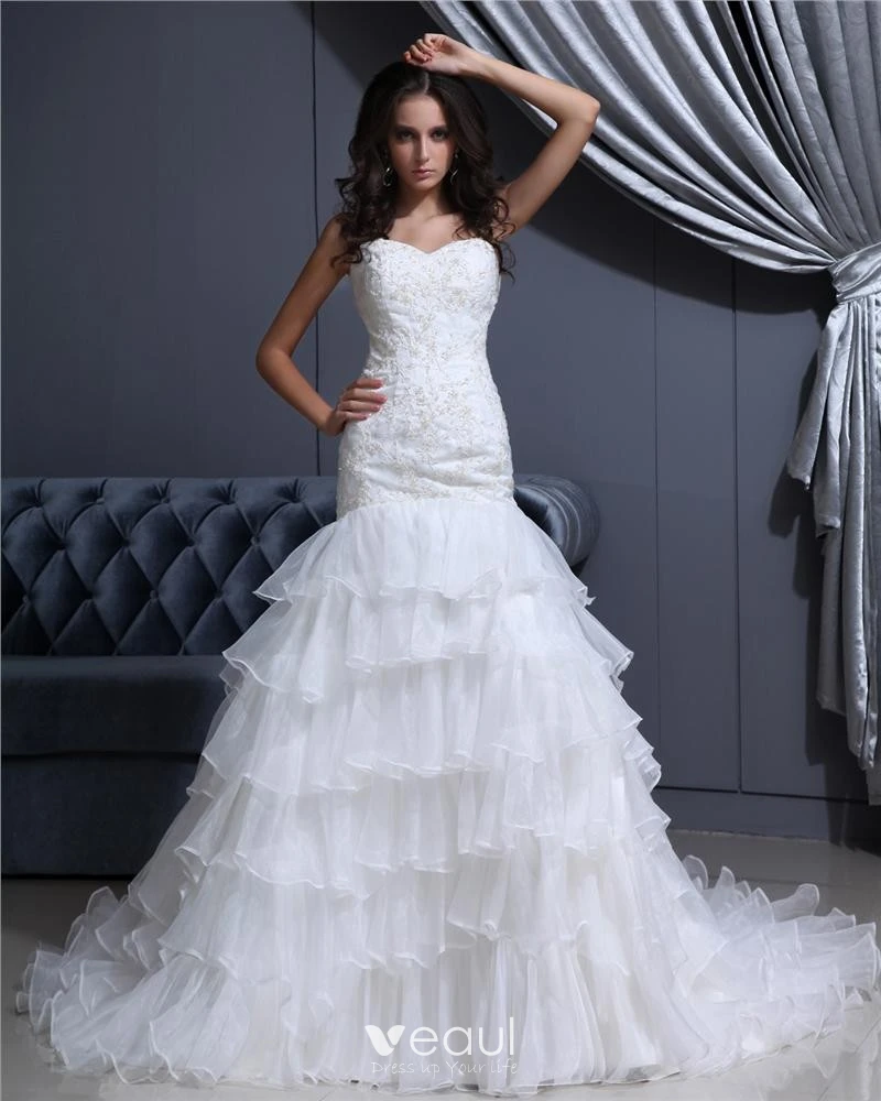 Pleated Corset Mermaid Organza Wedding Dress with Layers Skirt