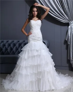 Cherie Lacets Etage Longueur Sans Manches Train Cathedrale Applique Volant Couches D Organza Femme Robe De Mariée Sirène