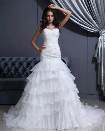 Cherie Lacets Etage Longueur Sans Manches Train Cathedrale Applique Volant Couches D Organza Femme Robe De Mariée Sirène