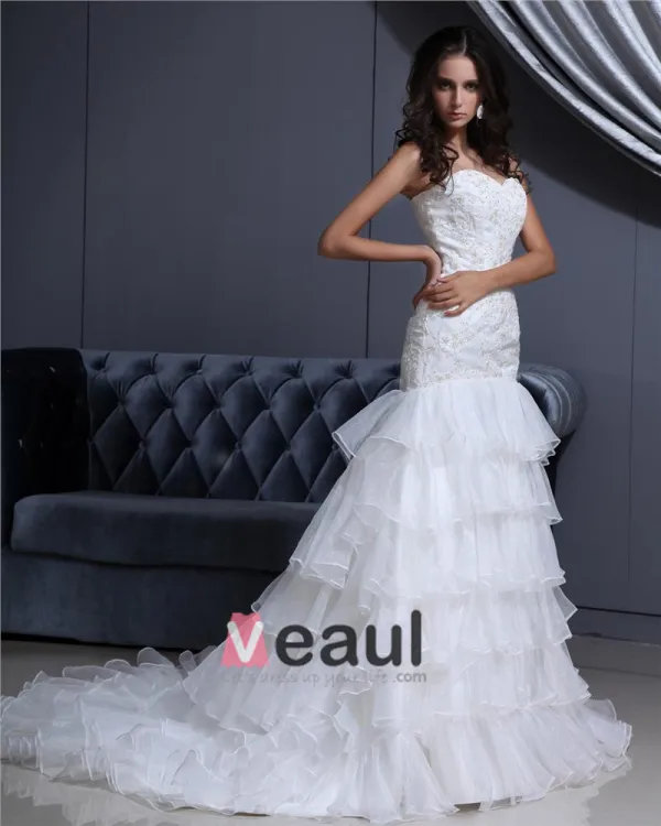 Sweetheart Lace Up Floor Length Sleeveless Cathedral Train Applique Ruffle Layered Organza Woman Mermaid Wedding Dress