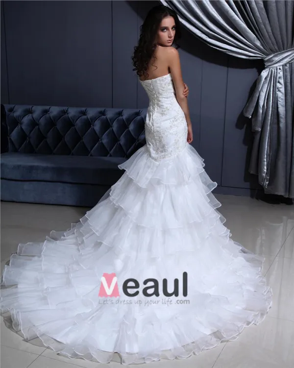 Sweetheart Lace Up Floor Length Sleeveless Cathedral Train Applique Ruffle Layered Organza Woman Mermaid Wedding Dress