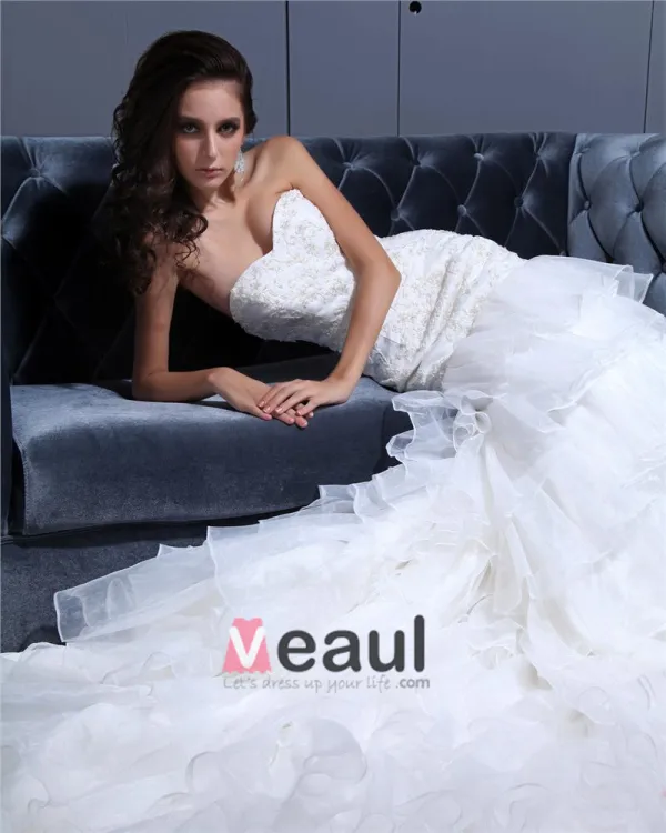 Sweetheart Lace Up Floor Length Sleeveless Cathedral Train Applique Ruffle Layered Organza Woman Mermaid Wedding Dress