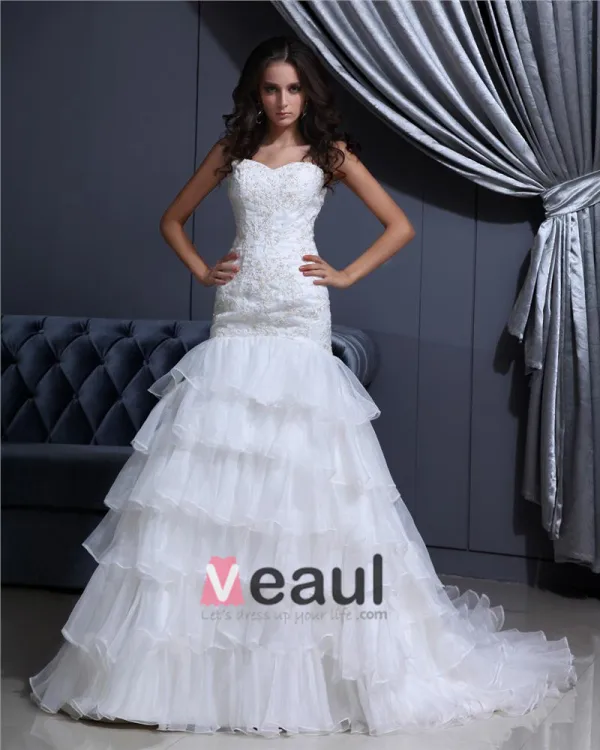 Sweetheart Lace Up Floor Length Sleeveless Cathedral Train Applique Ruffle Layered Organza Woman Mermaid Wedding Dress