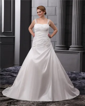 A Line Square Sleeveless Sweep Satin Chiffon Embroidery Bead Plus Size Wedding Dress