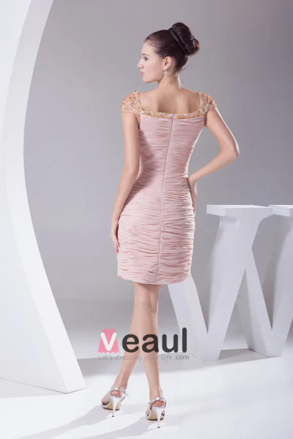 Chiffon Imitated Silk Fabric Pleated Neckline Seam Bead Knee Length Cocktail Dress