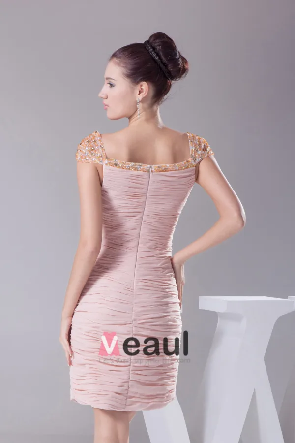 Chiffon Imitated Silk Fabric Pleated Neckline Seam Bead Knee Length Cocktail Dress