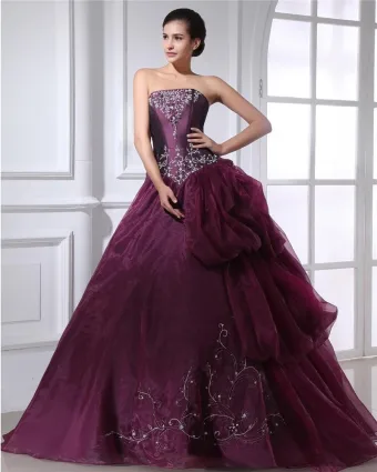 Ball Gown Taffeta Organza Applique Ruffle Beading Strapless Floor Length Quinceanera Prom Dresses