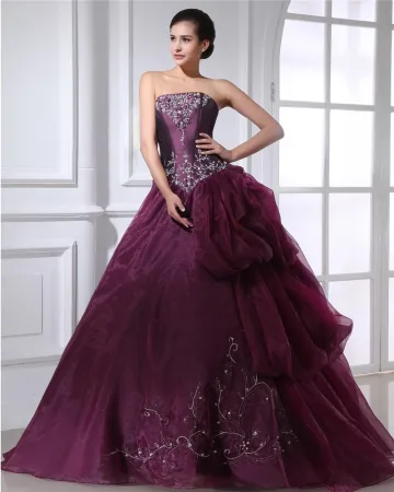 Ball Gown Taffeta Organza Applique Ruffle Beading Strapless Floor Length Quinceanera Prom Dresses
