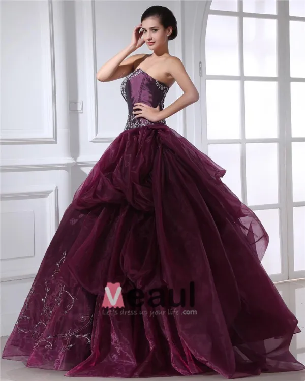 Ball Gown Taffeta Organza Applique Ruffle Beading Strapless Floor Length Quinceanera Prom Dresses