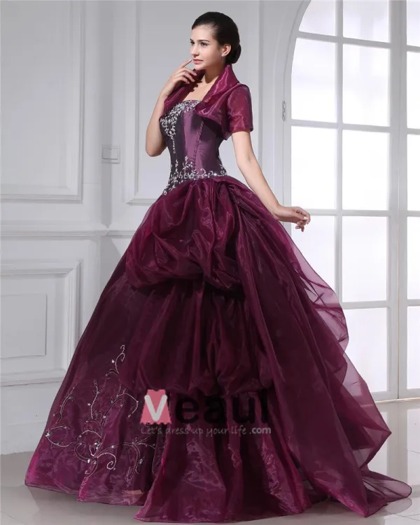 Ball Gown Taffeta Organza Applique Ruffle Beading Strapless Floor Length Quinceanera Prom Dresses
